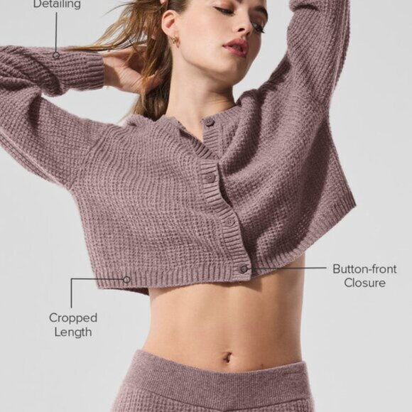 Alo Yoga Cashmere Plush Waffle Cardigan Mushroom Heather - Picture 2 of 4